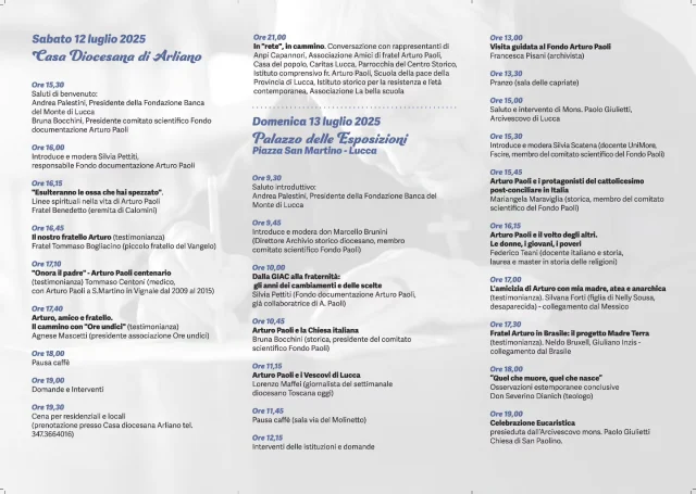 Qui trovi il programma completo della due giorni dedicata ad Arturo Paoli, nel decimo anniversario dalla morte. 📌
.
.
.
Tutto è proposto dal Fondo Paoli e dalla Fondazione Banca del Monte, assieme a numerose realtà associative e singoli amici di Arturo Paoli.